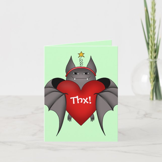 Amorous funny Christmas bat with red heart thx Holiday Card (Front)