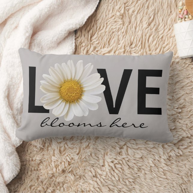 Amour Blooms Ici Blanc Daisy Grey Lumbar Coussin (Couverture)