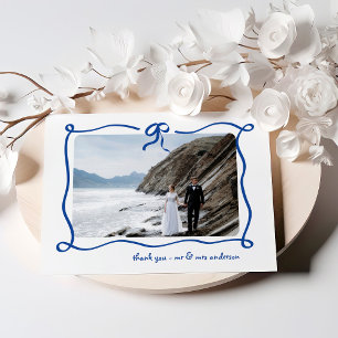 Amour   Blue French Bow and Photo Wedding Thank You Card