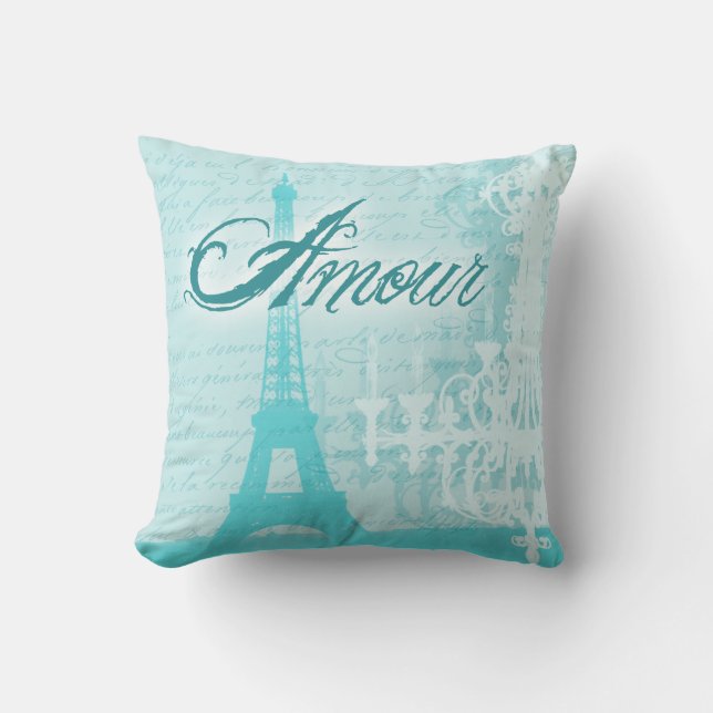 Amour Blue French Eiffel Tower Throw Pillow (Front)