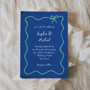Amour   Blue White and Teal French Bow Wedding Invitation