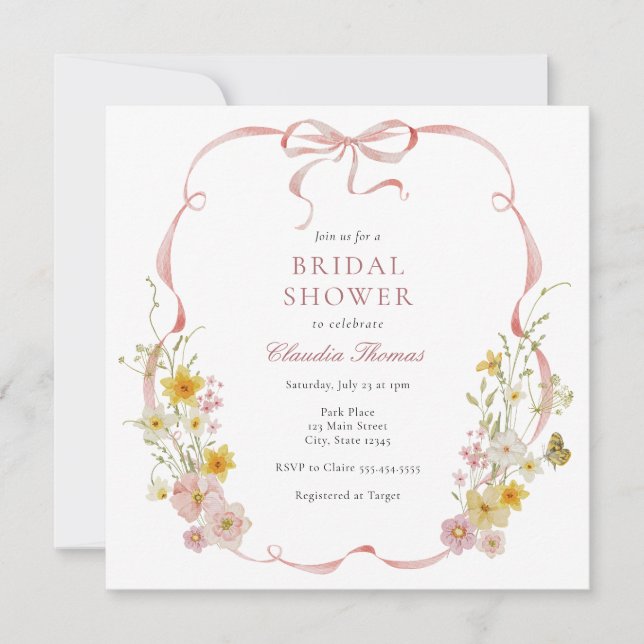 Amour en Fleur rose Floral Invitation douche nupti (Devant)