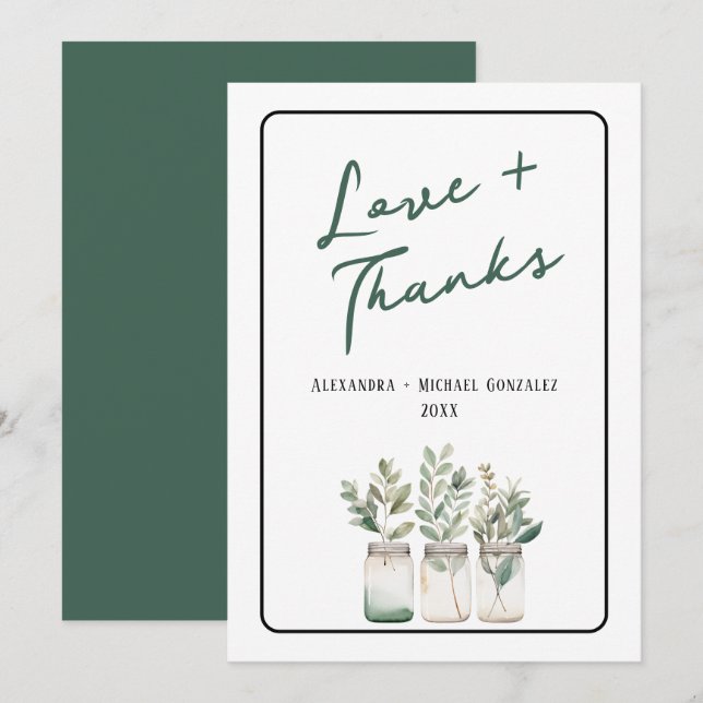 Amour et Merci Green Minimalist Carte de remerciem (Devant / Derrière)