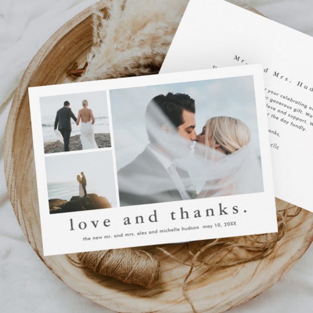 Amour et Merci photo Mariage (Simple black and white love and thanks 3 photo collage wedding thank you card.)