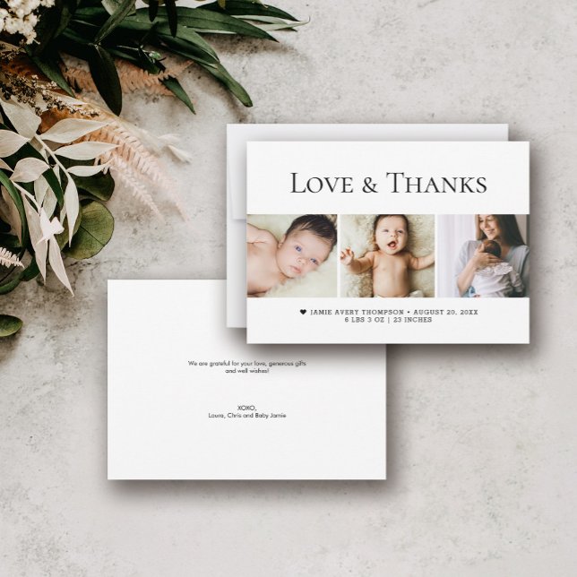 Amour et Merci Photos de bébé Naissance minimale (Love and thanks baby photos birth announcement shower thank you cards.)