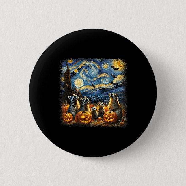 &amp; Possum Halloween Fall Van Gogh Starry Night  2 Inch Round Button (Front)