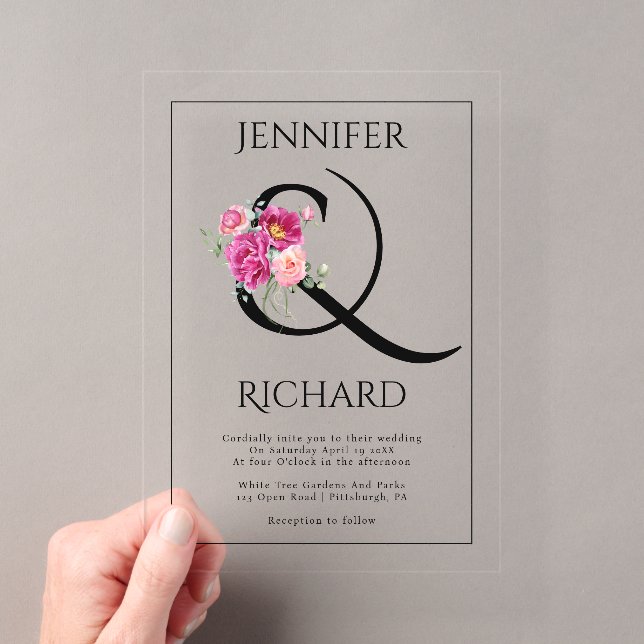 Ampersand and bouquet of pink roses wedding acrylic invitations (Insitu (Handheld))
