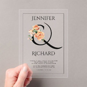 Ampersand and peach peonies floral wedding acrylic invitations