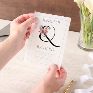 Ampersand and peach-pink rhododendron wedding vellum invitations