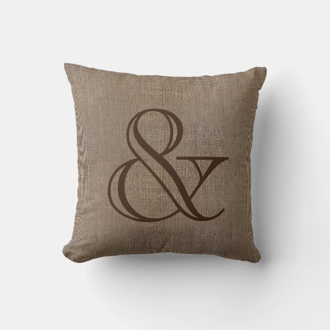 Ampersand Burlap-Look Rustic Wedding Keepsake Throw Pillow (Front)