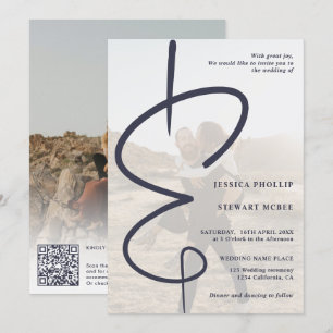 Ampersand chic photo navy blue Qr code wedding Invitation