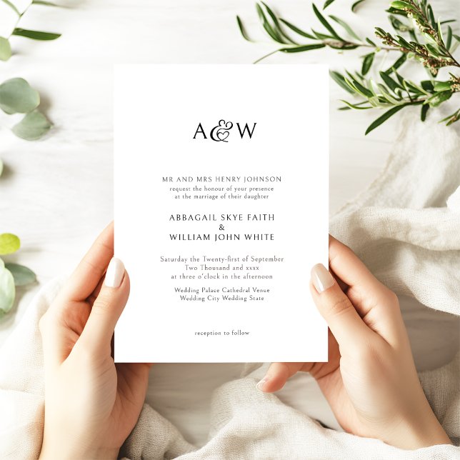Ampersand Monogram Black and White Wedding Invitation (Wedding Invitation Suite with Monogram Initials & Decorative Heart Ampersand)