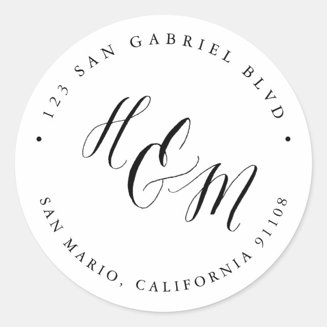 Ampersand Monogram Calligraphy Black + White Classic Round Sticker (Front)