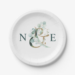 Ampersand Monogram Gold Green Wedding Paper Plate