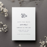 Ampersand Monogram Save the Date Card<br><div class="desc">Simple and elegant save the date cards notify your guests of your upcoming wedding in timeless style. Crisp white cards feature your initials worked into a monogram design, joined by a calligraphy script ampersand. "Save the date" appears beneath, with your names, wedding date and location beneath in rich navy blue...</div>