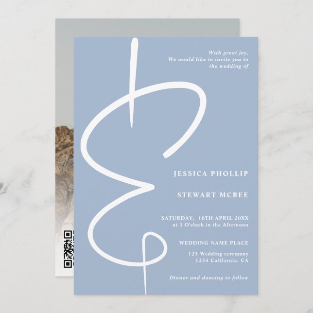 Ampersand photo ice blue script Qr code wedding Invitation (Front/Back)