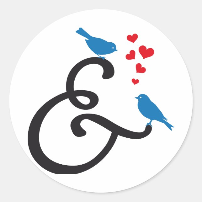 &, ampersand sign with blue birds and red hearts classic round sticker (Front)