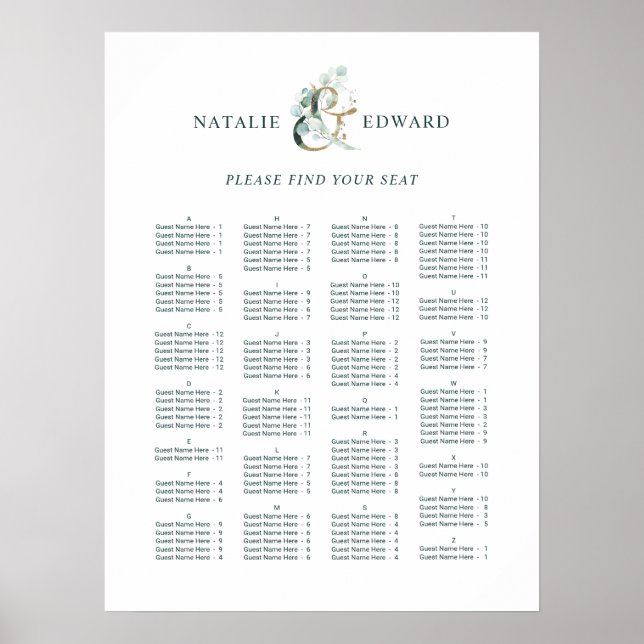 Ampersand Wedding ALPHABETICAL Order Seating Chart (Front)