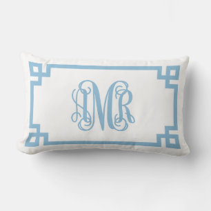 AMR Sky Blue Greek Key Script Monogram Lumbar Pillow