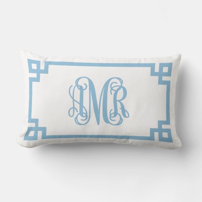 AMR Sky Blue Greek Key Script Monogram Lumbar Pillow (Front)