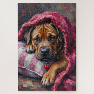 AmStaff Dog Cozy Valentine's Day Snuggle Jigsaw Puzzle