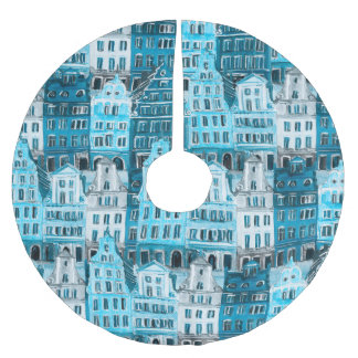 Amsterdam architecture, blue watercolor texture. brushed polyester tree skirt