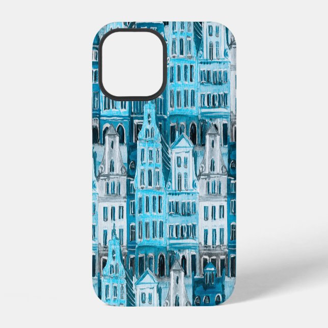 Amsterdam architecture, blue watercolor texture. iPhone case (Back)
