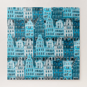 Amsterdam architecture, blue watercolor texture. jigsaw puzzle