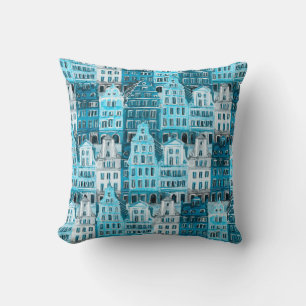 Amsterdam architecture, blue watercolor texture. throw pillow