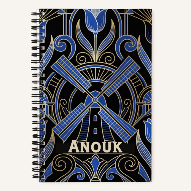 Amsterdam Art Deco | Windmills Custom Name Notebook (Front)