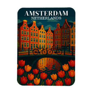 Amsterdam at Night Bicycles, Canal Houses Flowers Magnet