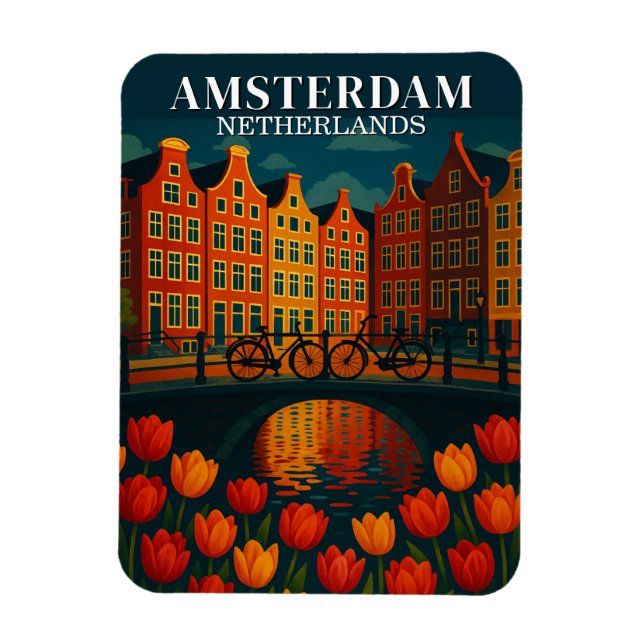 Amsterdam at Night Bicycles, Canal Houses Flowers Magnet (Vertical)