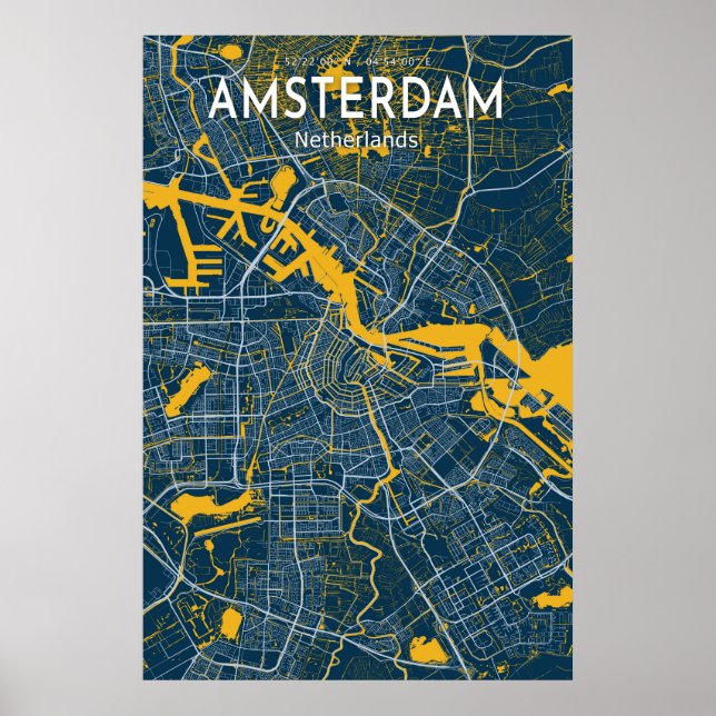 Amsterdam Blue Map Poster, Amsterdam City Blue Map Poster (Front)