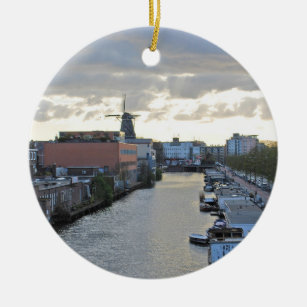 Amsterdam Canal and Windmill with setting Sun Ceramic Ornament