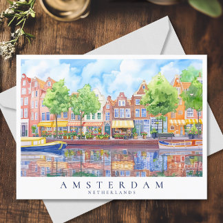 Amsterdam Canal & Boats Watercolor Travel Postcard