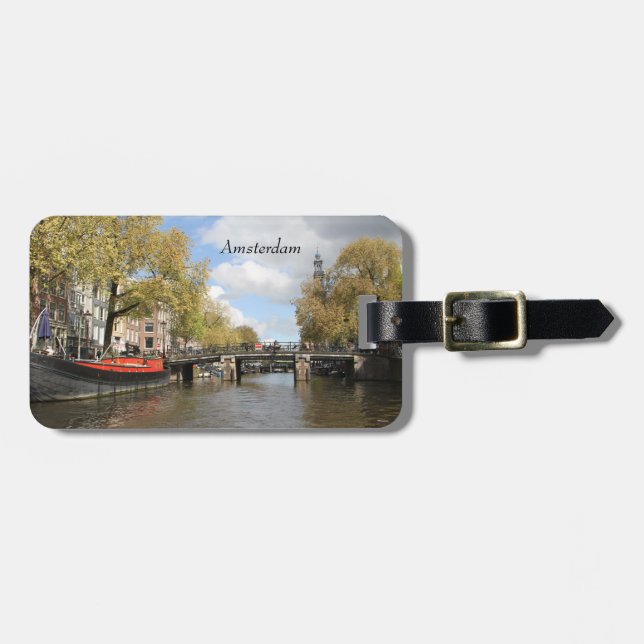 Amsterdam, Canal, Bridge, Houseboat, Church Spire Luggage Tag (Front Horizontal)