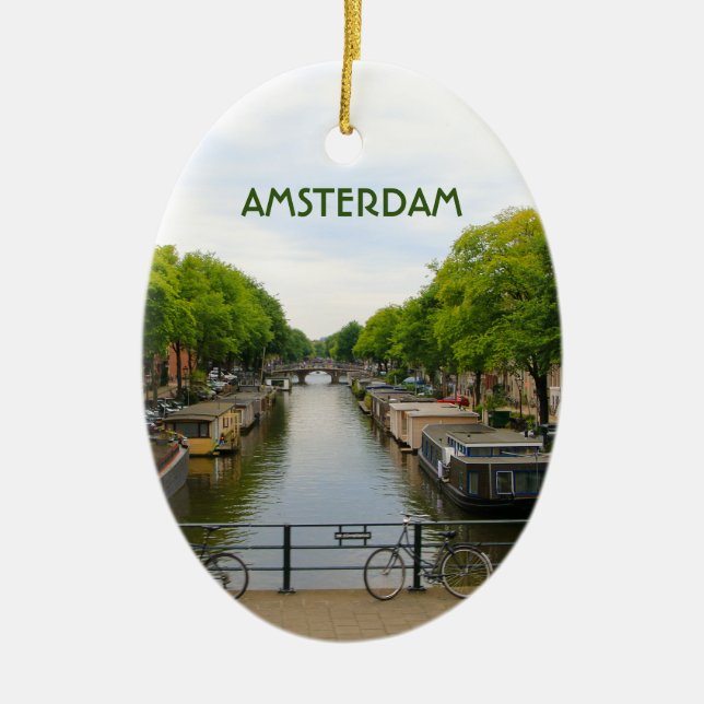Amsterdam: Canal, bridges, bikes, boats, Holland Ceramic Ornament (Front)