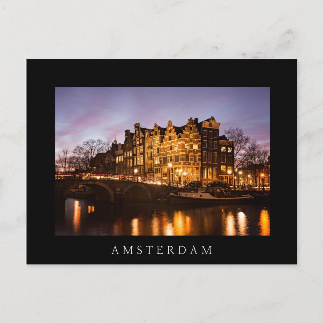 Amsterdam canal houses at dusk black postcard (Front)