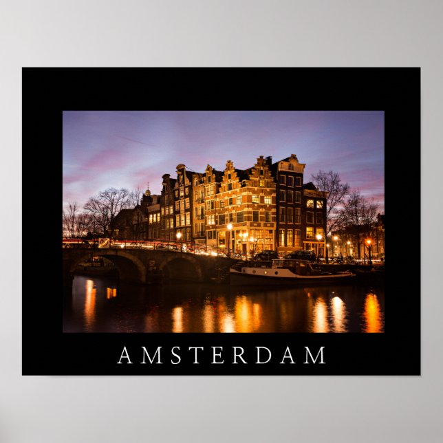 Amsterdam canal houses at dusk black poster (Front)