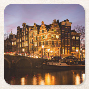 Amsterdam canal houses at dusk coaster