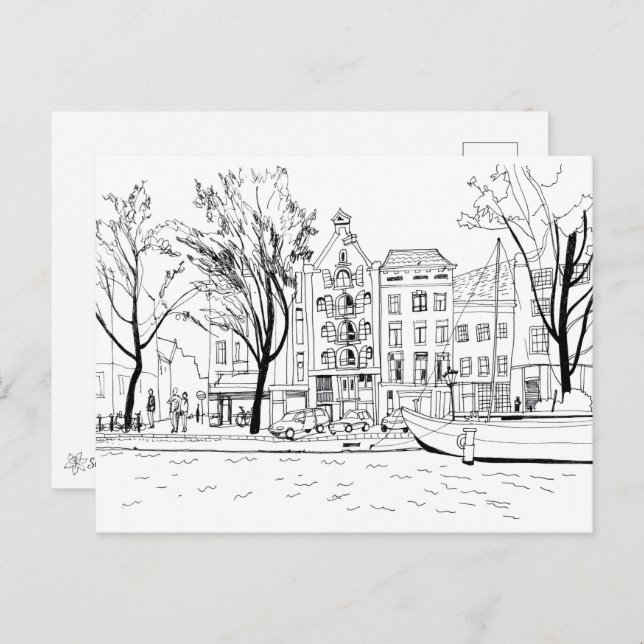 Amsterdam Canal Houses Black and White Sketch Postcard (Front/Back)