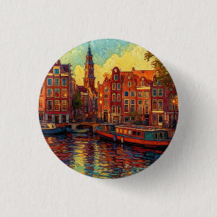 Amsterdam canal houses van Gogh style 1 Inch Round Button