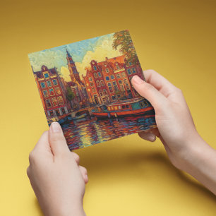 Amsterdam canal houses van Gogh style Card