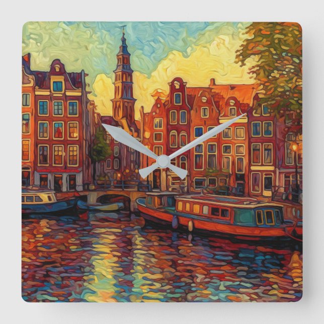 Amsterdam canal houses van Gogh style Square Wall Clock (Front)