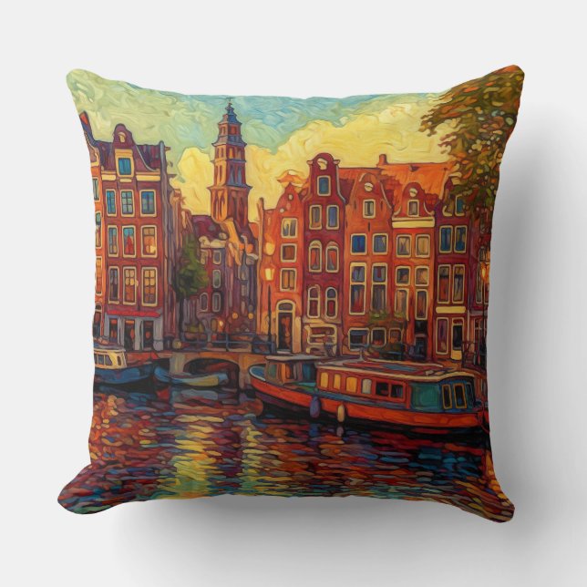 Amsterdam canal houses van Gogh style Throw Pillow (Front)