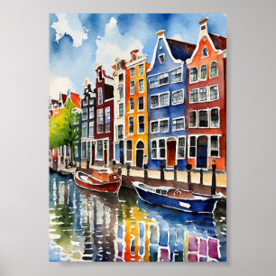 Amsterdam Canal Houses Watercolor Art Print