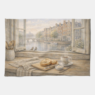Amsterdam Canal Kitchen Watercolor with Morning Ci Towel