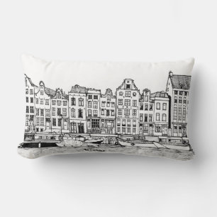 Amsterdam Canal Netherlands Cityscape Illustration Lumbar Pillow