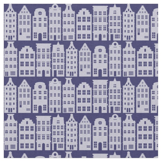 Amsterdam Canal Row Houses Cobalt Blue Pattern Fabric (Close Up)