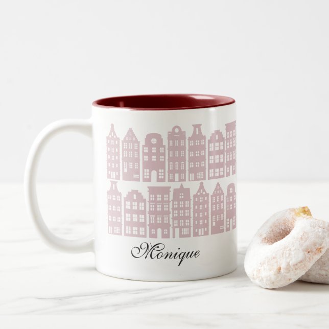 Amsterdam Canal Row Houses Personalized Maroon Red Two-Tone Coffee Mug (With Donut)